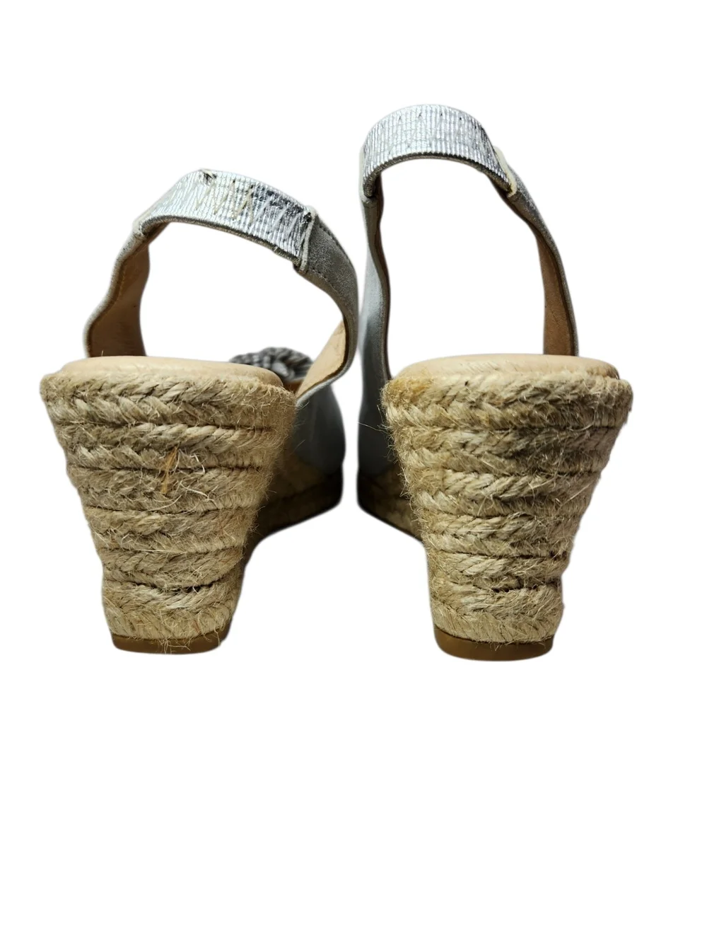 Eric Michael Silver Metallic Leather Espadrille Wedge Slingback Sandals Pom 6.5